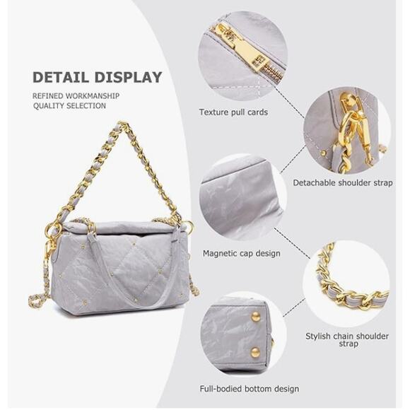 Quilted Crossbody Bag 7.4"× 2.9"× 4.7" PU Shoulder 2 Chain Straps extending 44" - Picture 4 of 6